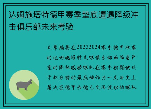 达姆施塔特德甲赛季垫底遭遇降级冲击俱乐部未来考验